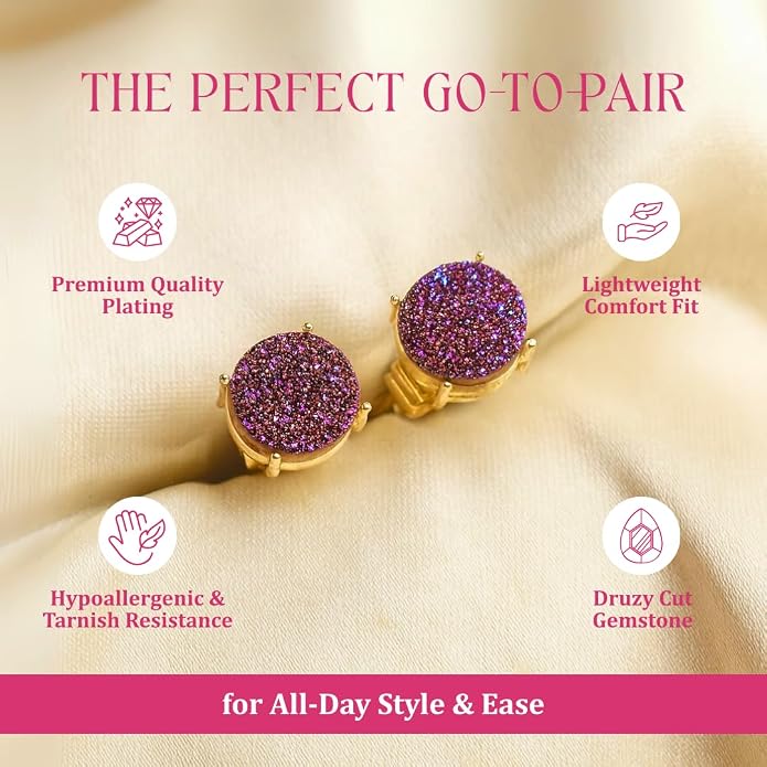Gempires Gemstone Druzy Stud Earrings for Women 14k Gold Plated Handmade Prong Set Studs Raw Crystal Hypoallergenic Jewelry Minimalist Every Ocassion Gift