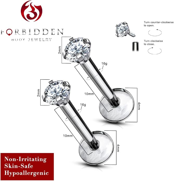 16 g Titanium Internally Threaded Tragus Piercing Jewelry CZ Top Flat Back Piercing Nose Studs Earring, Helix, Cartilage, Labret, Monroe for Women or Men