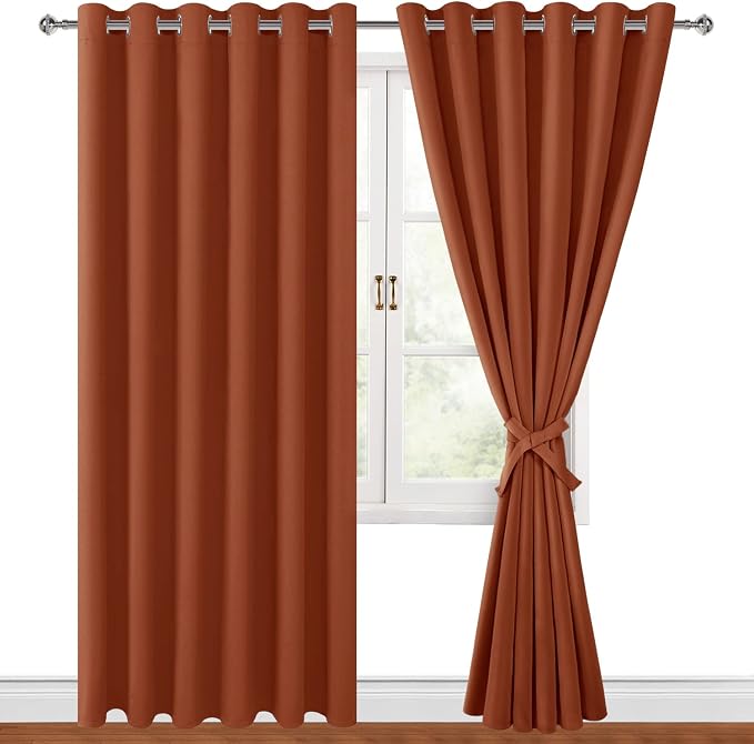 Hiasan Fall Grommet Blackout Curtains for Bedroom, 70 x 84 Inches - Thermal Insulated & Light Blocking Window Drapes for Living Room/Dorm Room, Set of 2 Panels Sewn with Tiebacks, Burnt Ochre