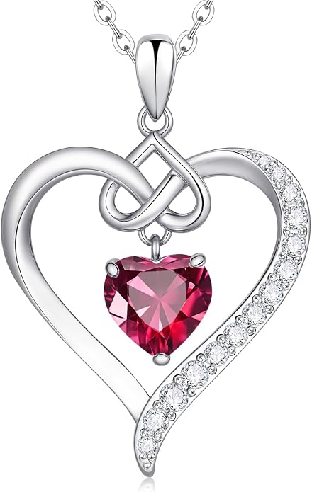 925 Sterling Silver Birthstone Heart Necklace for Women - Infinity Love Pendant with Cubic Zirconia, 12 Colors, Valentine's Day Gift for Her, 12 Months, Birthday Anniversary Christmas Jewelry Gifts