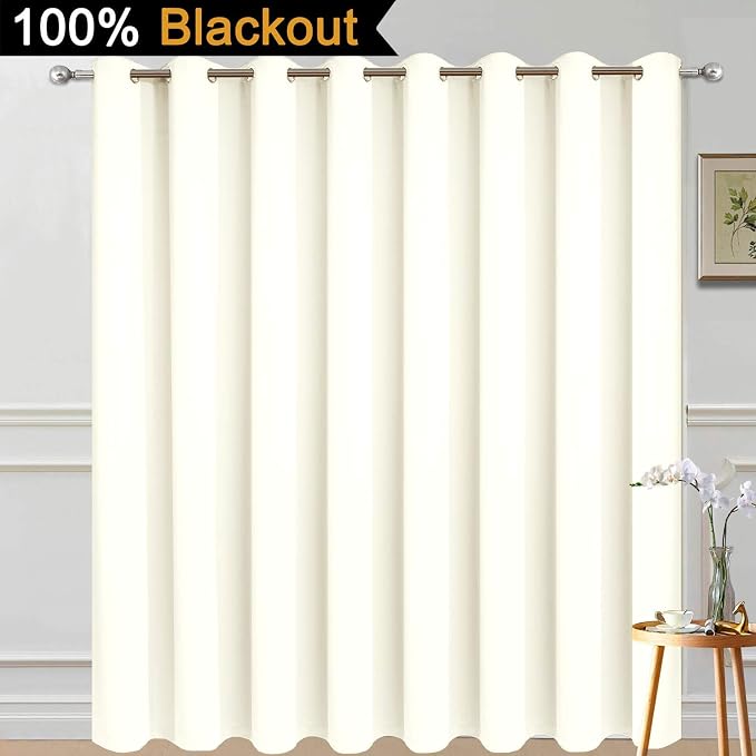 Yakamok Cream 100% Blackout Patio Door Curtain Panels W100 x L84,1 Panel | Noise Reducing Barrier Panel for Sliding Glass Door, 2 Thick Layers Heat Full Light Blocking Patio Door Drapery