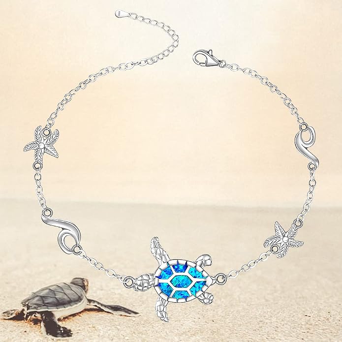 Sea Turtle Ankle Bracelets for Women Blue Opal Sterling Silver Beach Starfish Octopus Conch Ocean Anklets Jewelry Gifts