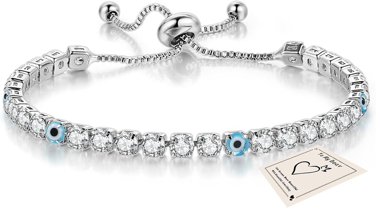 Silver Bracelets for Women, Dainty Evil Eye Bracelets Adjustable Lucky Amulet Chain Bracelet Sparkly Rhinestone Tennis Bracelet Protection Jewelry Gifts for Her Mom Wife Friend