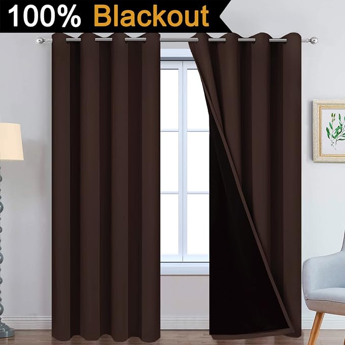 Yakamok Chocolate Brown Blackout Curtains 96 Inches Long 52" Wide, 2 Panels | Blackout Curtain Panels for Bedroom, 2 Thick Layers Grommet Top Thermal Insulated Drapes with Black Liner for Living Room