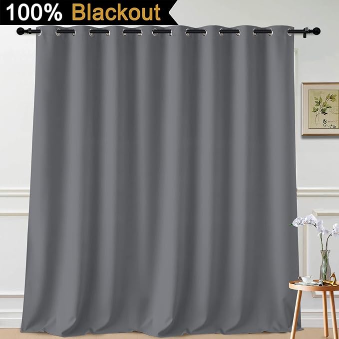 Yakamok Grey 100% Blackout Patio Door Curtain Panels W100 x L108, 1 Panel | Noise Reducing Barrier Panel for Sliding Glass Door, 2 Thick Layers Heat Full Light Blocking Patio Door Drapery