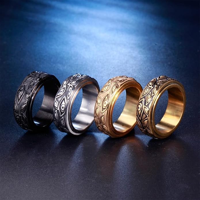 Men's Stainless Steel Eye of God Ring Band All Seeing Eye Spinner Rings Black Silver Vintage Jewelry Size 5 to 14