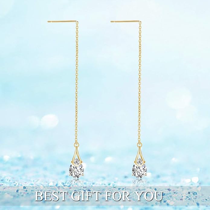 POPLYKE Sterling Silver CZ Threader Earrings Teardrop Chain Tassel Dangling Earrings for Women Dangling Jewelry