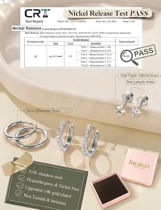 Incaton Hypoallergenic Flat Back Earrings for Women 14K Gold Stainless Steel Earrings for Sensitive Ears 20G Cartilage Earring Stacks Huggie Hoops Flatback Stud Earring Sets for Multiple Piercing Silver