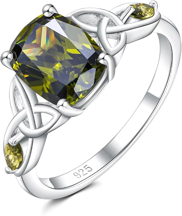 925 Sterling Silver Birthstone Rings for Women Cushion Cut Engagement Celtic Knot Ring Irish Jewelry Created Gemstone Anniversary Rings Size 6-10(with Box)