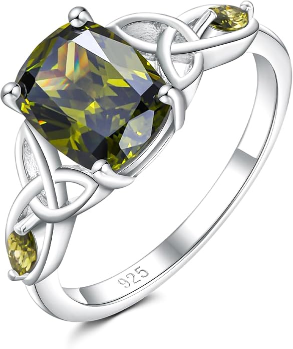 925 Sterling Silver Birthstone Rings for Women Cushion Cut Engagement Celtic Knot Ring Irish Jewelry Created Gemstone Anniversary Rings Size 6-10(with Box)