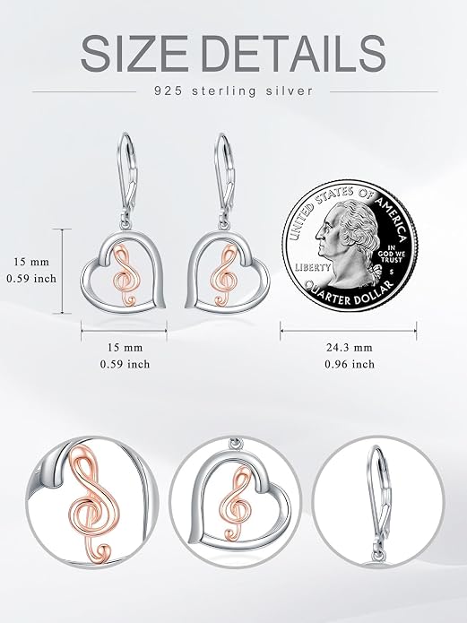 Midari Heart Dangle Earrings 925 Sterling Silver Leverback Drop Earrings Teacher Music Art Jewelry Gifts for Women Students Apple/Guitar/Palette/Note Design