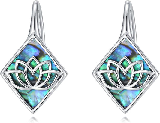 SIMONLY Abalone Shell Tree of Life/Lotus/Clover Earrings for Women 925 Sterling Silver Celtic Knot Leverback Earrings Lotus Jewelry Christmas Mother Day Gift