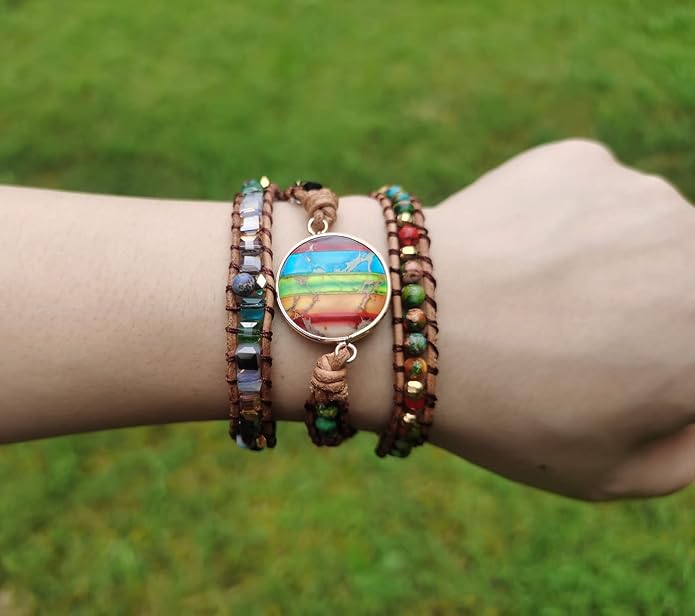 Women Wrap Bracelet Boho Natural Jasper Crystal Stone Beads Strand Bracelets