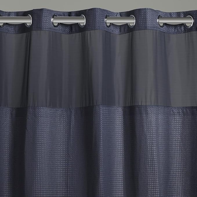 Hookless It’s A Snap! Waffle Shower Curtain, 3-in-1 Shower Curtain Includes Fabric Shower Curtain with Sheer Top Window, Flex-On Rings & Fabric Liner, 71” x 74”, Navy