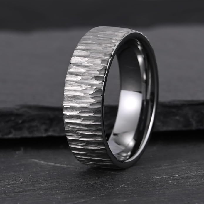 Tungsten Carbide Ring for Men Women 8mm Silvery Hammered Bark Textured Classic Men's Wedding Bands Polished Comfortable Fit Suitable for Party Anniversary