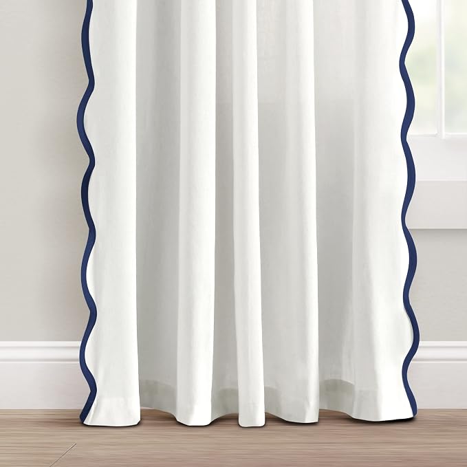 Lush Decor Coastal Chic Scalloped Edge Light Filtering Window Curtain Panels Pair, 52" W x 84" L, Navy & White - White Curtains for Living Room - Coastal Decor (Pack of 8)