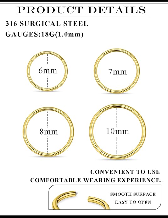 20G 18G 16G 14G 12G 10G 8G 6G Nose Rings Hoops 316l Surgical Steel Clicker Septum Lip Ring Tragus Helix Daith Rook Conch Snug Cartilage Lobe Earrings Hoop Piercing Jewelry For Women Men
