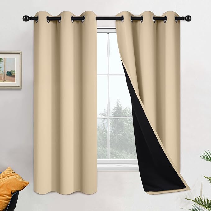 Yakamok Black 100% Blackout Curtains 63 Inches Long for Bedroom 42" Wide | Blackout Curtain Panels for Bedroom, 2 Thick Layers Grommet Top Thermal Insulated Drapes with Black Liner for Living Room