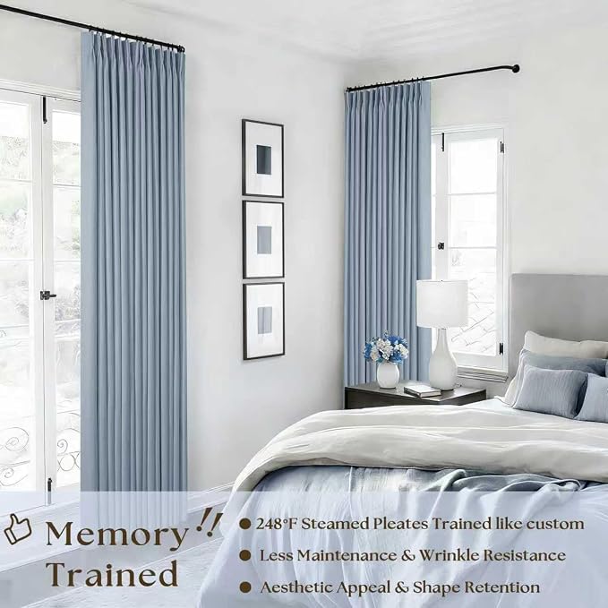 Dusty Blue Pinch Pleated 100% Blackout Linen Curtains 84 Inch Long 2 Panels | Room Darkening Black Out Window Curtains with Liner, Light Blue, for Living Room Bedroom, Pleat Back Tab with Hooks Rings