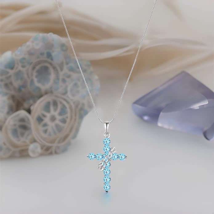 Rotated Crown Cross Necklaces for Women, 925 Sterling Silver Round Cut Zircon Neckalce Pendant With Ring Birthstones Jewelry for Her