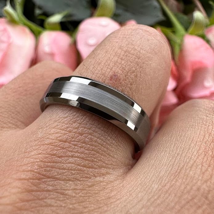 TUTISS 6mm 8mm Silver/Black/Gunmetal/Gold Tungsten Rings for Men Women Fashion Jewelry Engagement Wedding Bands Matte Polished Shiny Beveled Edges Comfort Fit