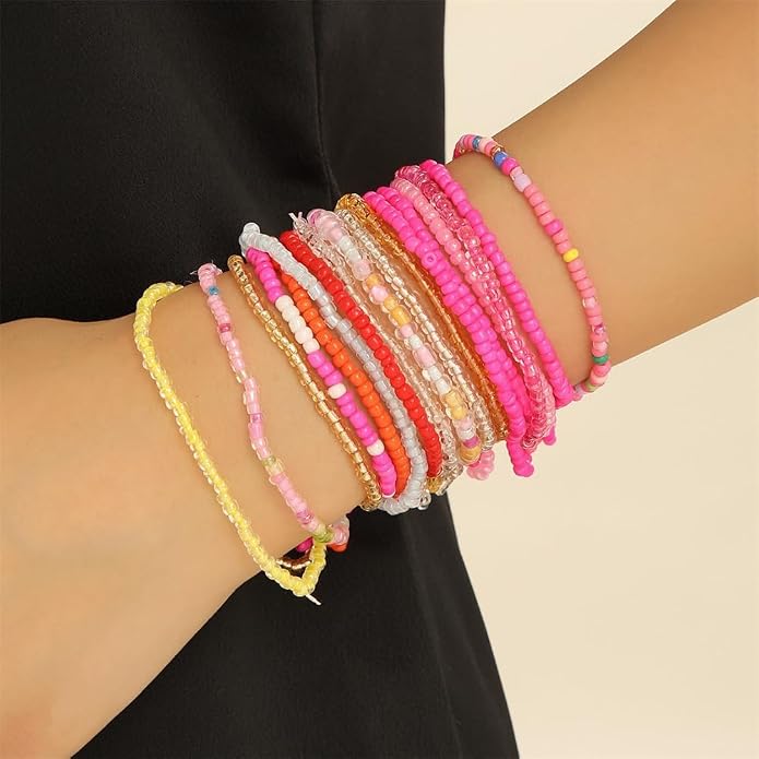 Fuqimanman2020 18Pcs Boho Stackable Beaded Bracelets for Women Colorful Handmade Multilayered Rice Beads Anklets Set Summer Beach Bohemian Jewelry Gift
