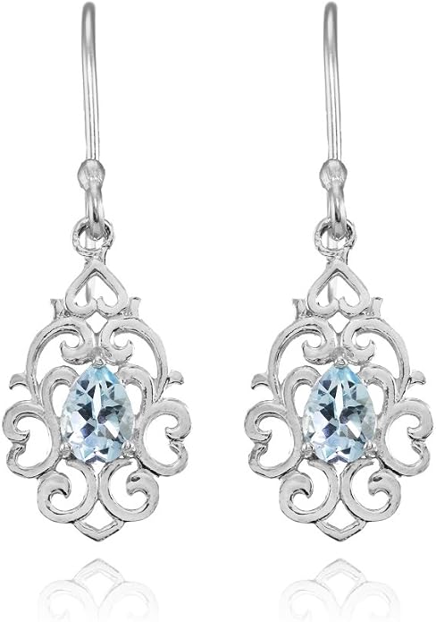 Sterling Silver Genuine or Created Gemstone Filigree Heart Teardrop Dangle Earrings