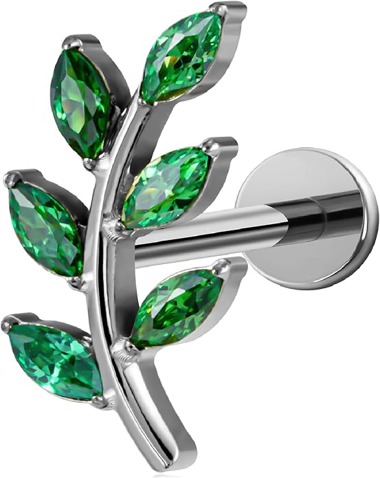 FINE4U 1PC Leaf Flat Back Stud Flat, Helix, Conch, Tragus 6mm 8mm - ASTM F136 Titanium Screw on Body Piercing Jewelry