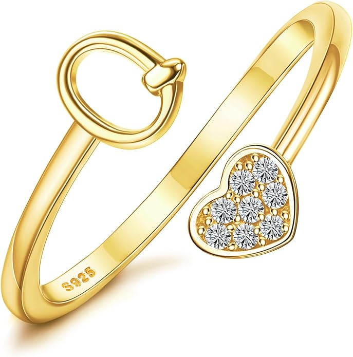 MILACOLATO 925 Sterling Silver Initial Rings for Women Teen Girl 18K Gold Plated Heart Initial Rings Adjustable Capital Letter Ring Stackable Thumb Pinky Rings for Daughter Birthday Bridesmaid Gifts Jewelry, A to Z