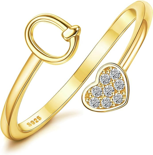 MILACOLATO 925 Sterling Silver Initial Rings for Women Teen Girl 18K Gold Plated Heart Initial Rings Adjustable Capital Letter Ring Stackable Thumb Pinky Rings for Daughter Birthday Bridesmaid Gifts Jewelry, A to Z