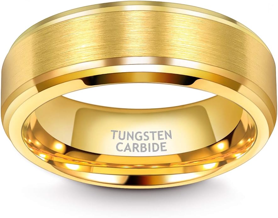 TRUMIUM 6mm 8mm Mens Womens 24K Gold Plated Tungsten Wedding Ring Band Brush Finish Scratch Resistant Size 5-14
