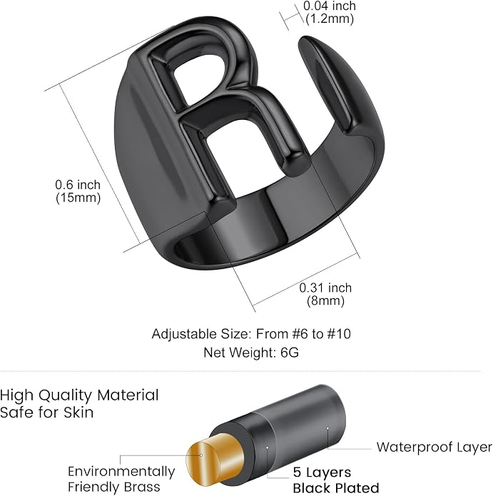 KeyStyle Bold Initial Letter Rings Adjustable, GoldChic Jewelry Women Gold Statement Ring Personalized Engraved Women’s Open Signet Ring for Party (Gold, White Gold, Black)