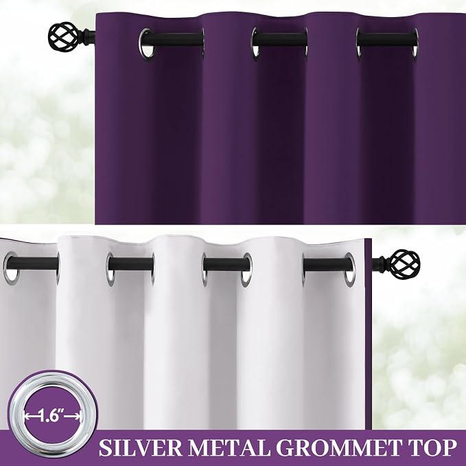Yakamok Purple 100% Blackout Curtains 84 Inches Long for Bedroom 40" Wide | Blackout Curtain Panels for Bedroom, 2 Thick Layers Grommet Top Thermal Insulated Drapes with White Back for Living Room