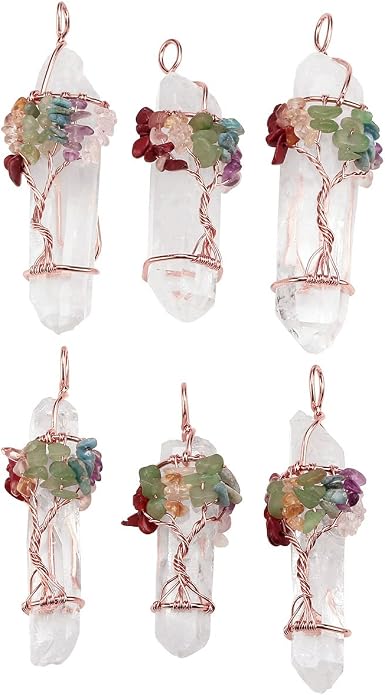 Jovivi 7 Chakra Gemstone Wire Wrapped Natural Clear Quartz Healing Crystal Point Pendant Necklace for Women Mother's Day Gift