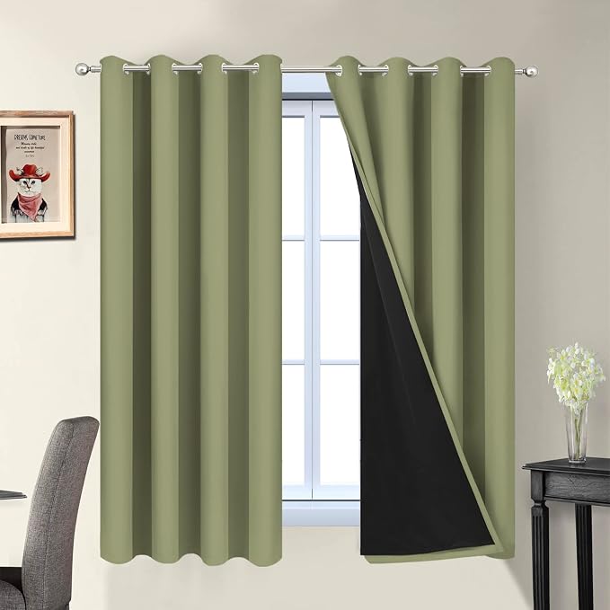 Yakamok 100% Blackout Window Curtain Panels, Heat and Full Light Blocking Drapes with Black Liner for Nursery,Thermal Insulated Draperies (Sage, 2 Pieces, 52Wx63L) | Blackout Curtain Panels for Bedroom, 2 Thick Layers Grommet Top Thermal Insulated Drap...