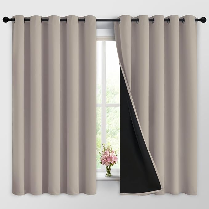 Yakamok Natural Blackout Curtains 63 Inches Long for Bedroom 62" Wide 2 PCS | Blackout Curtain Panels for Bedroom, 2 Thick Layers Grommet Top Thermal Insulated Drapes with Black Liner for Living Room
