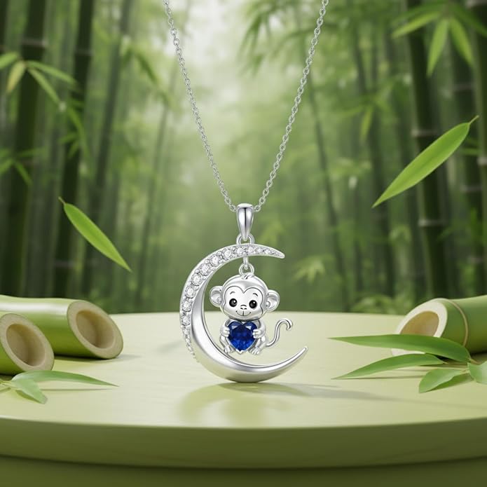 PROESS Animal Birthstone Necklace 925 Sterling Silver Otter/Axolotl/Hippo/Elephant/Dachshund/Monkey/Red Panda Pendant Necklace Animal Birthstone Jewelry Gifts for Women