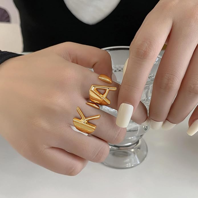 KeyStyle Bold Initial Letter Rings Adjustable, GoldChic Jewelry Women Gold Statement Ring Personalized Engraved Women’s Open Signet Ring for Party (Gold, White Gold, Black)