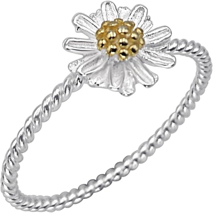 Silverly Sterling Silver Daisy Ring - Gold Plated 925 Silver Flower Rings for Women - Friendship Stacking Band - Nature Inspired Gifts for Daughter - Ladies Fine Jewelry - Spring Accessory