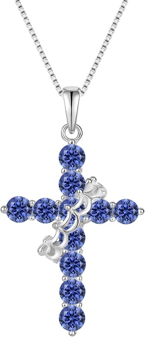 Rotated Crown Cross Necklaces for Women, 925 Sterling Silver Round Cut Zircon Neckalce Pendant With Ring Birthstones Jewelry for Her