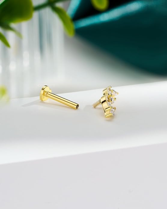 COCHARM 14K Gold Plated Cartilage Earrings Stud 16G 925 Sterling Silver Helix Earrings Internally Thread Heart Flat Back Piercing Jewelry