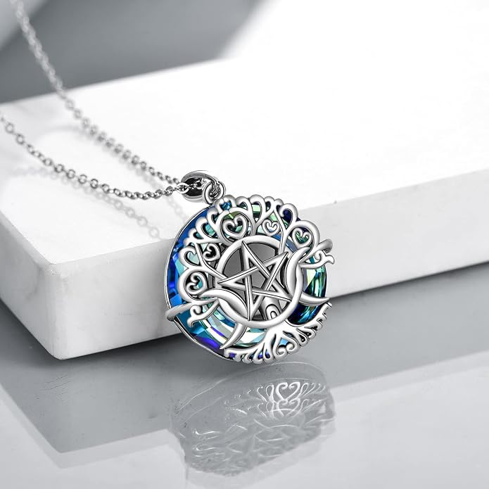 YFN Triple Moon Goddess Necklace Sterling Silver Pentagram Pentacle Opal Pendant necklace Pagan Wiccan Magic Amulet Tree of Life Jewelry for Women Men 18"
