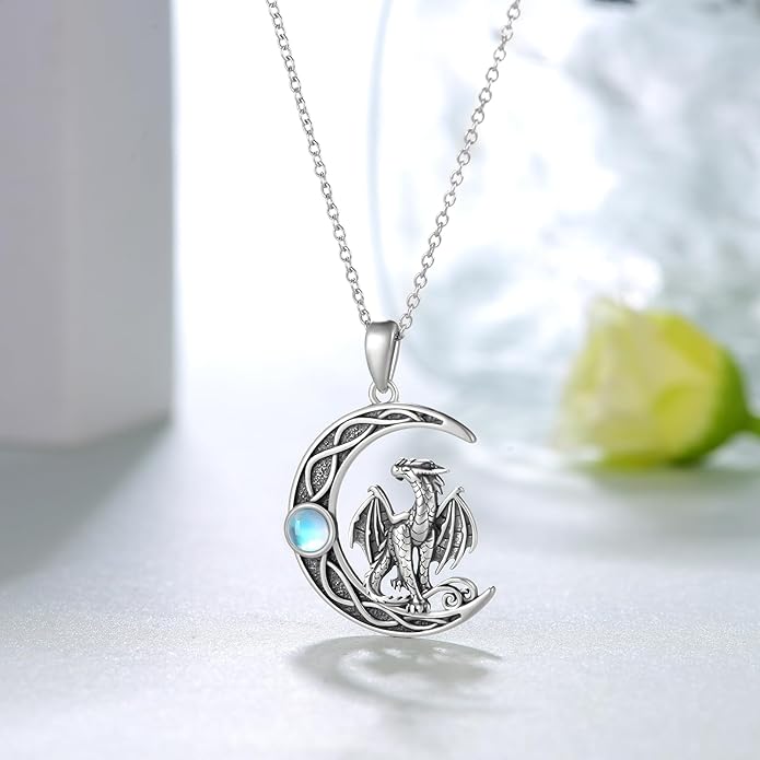 Dragon/Fairy Necklace 925 Sterling Silver Moonstone Crescent Moon Necklace Birthday Gifts for Women