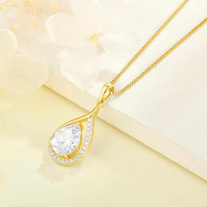 Teardrop Birthstone Necklace for Women 925 Sterling Silver White/Yellow Gold Plated Cubic Zirconia Pendant Necklace Jewelry for Her
