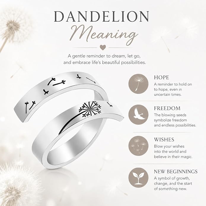 Uloveido Adjustable Inspirational Flying Dandelion Double Stainless Steel Freedom Ring Bands Cool Stacking Gift for Women, Engraving Rings Motivational Gift Y2004