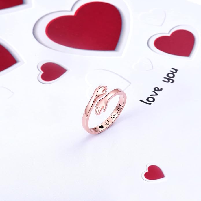 S925 Sterling Silver Hug Rings for Women Teen Girls Adjustable Ring for Granddaughter Daughter Hope Promise Friendship Hand Ring Jewelry for Birthday Graduation Christmas Mothers Day Valentines Gifts