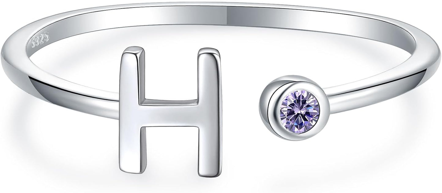 925 Sterling Silver Initial Letter Birthstone Rings for Women Adjustable 1-12 Month Birthstone Alphabet Stacking Ring for Teens Girls Stackable Birthstone Rings Birthday Jewelry Gift for Daughter Mom