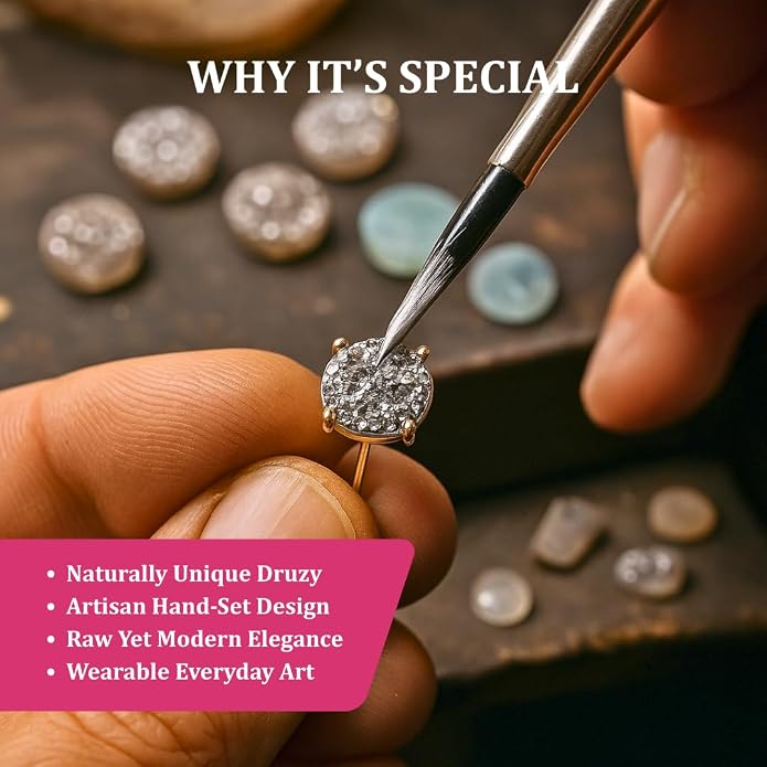 Gempires Gemstone Druzy Stud Earrings for Women 14k Gold Plated Handmade Prong Set Studs Raw Crystal Hypoallergenic Jewelry Minimalist Every Ocassion Gift