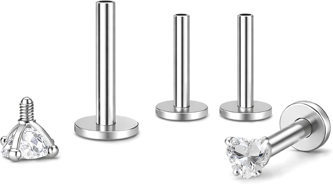 Titanium Heart CZ Labret Stud Earrings for Piercings by Ginger Lyne 6Pc Set G23 Screw Front Flat Back Body Jewelry 2 pair post 6mm, 8mm Cartilage, Helix, Tragus, Lip, Conch, Lobe