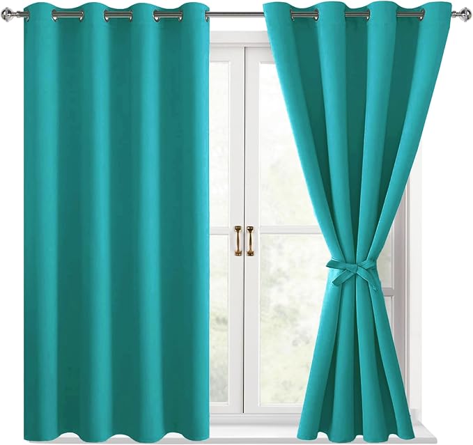 Hiasan Blackout Curtains for Bedroom - Thermal Insulated & Energy Saving Window Curtains for Living Room/Kids Room, 2 Drape Panels Sewn with Tiebacks, Peacock Teal, 52 x 45 Inch